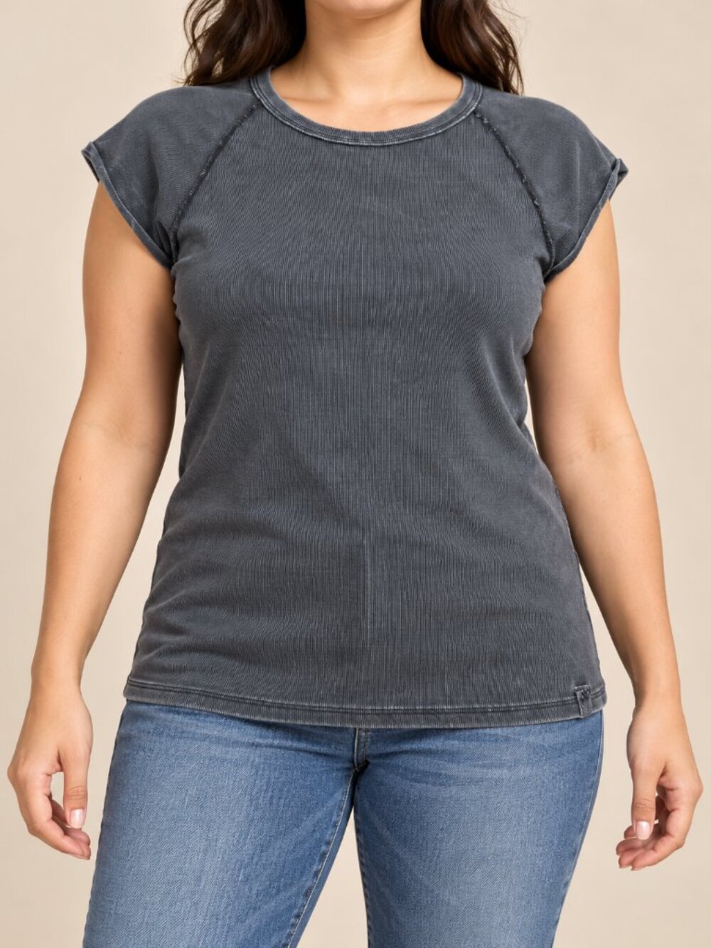 Free People We The Free Ribbed Cotton Blend Cap Sleeve Top XL Charcoal
